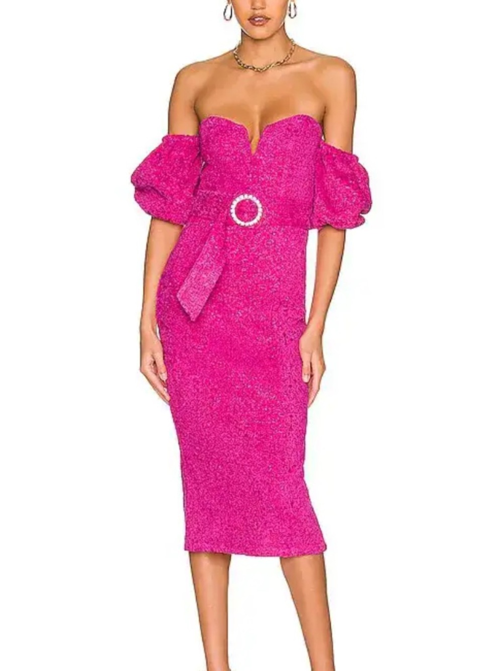 MAJORELLE Penelope Hot Pink Strapless Midi Dress with Puff Sleeves and Belt